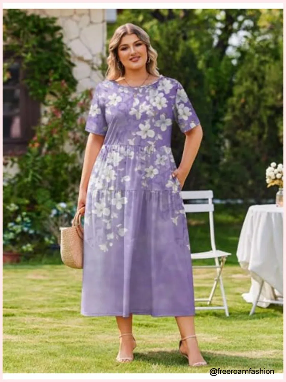 Plus Size Bohemian Short Sleeve Maxi Swing Dress with Pockets